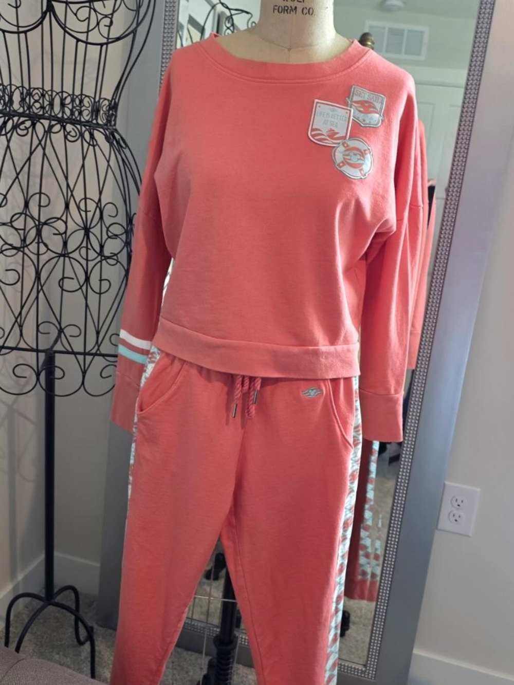 Disney Coral Pink Girls Two-Piece Pajama Set with Patch Accents